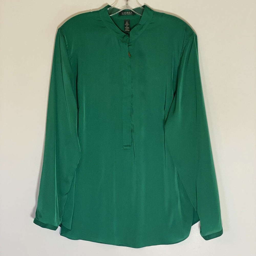 Lauren Ralph Lauren Top Womens 1X Green Half Zip Blouse Brass Button Sleeve Boho